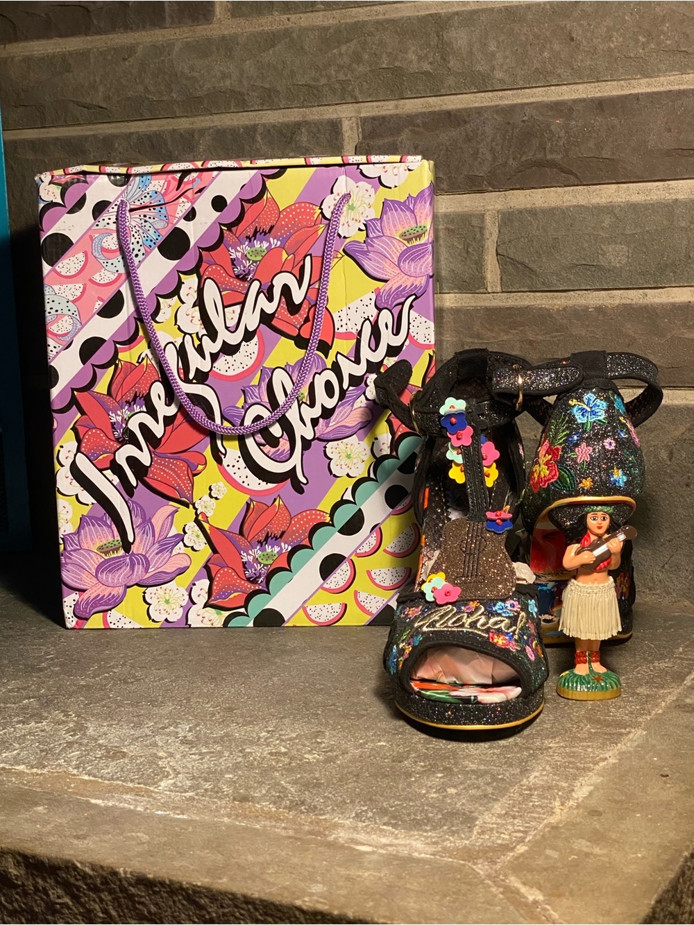 NIB Irregular Choice Magical Maui sandals, sparkle,embroidery,Hula Girl heels, 8